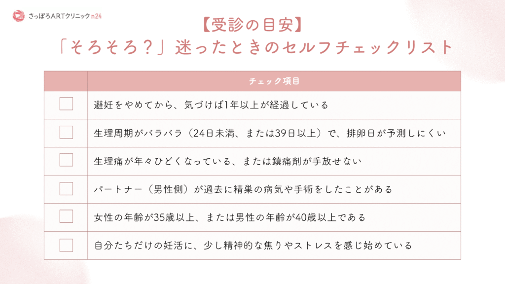 【受診の目安】「そろそろ?」迷ったときのセルフチェックリスト。妊活期間、生理周期、生理痛、年齢、ストレスなど6つの項目