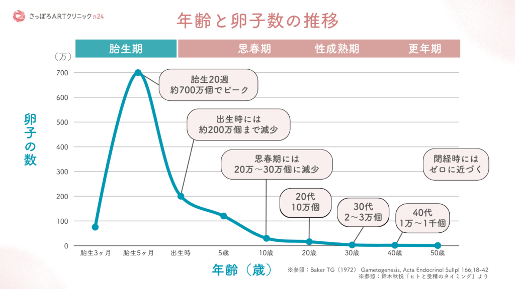 女性の年齢と卵子数の推移を示したグラフ(出生時約200万個から30代で2〜3万個、40代で1万〜1千個へ減少)